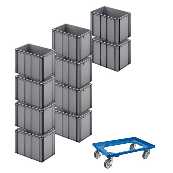 PROREGAL SparSet 10x Eurobehälter mit Geschlossenem Griff und 1 x Transportroller Blau HxBxT 42 x 40 x 60 cm 70 Liter Eurobox Transportbox