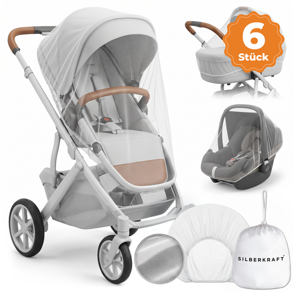 Sechsteiliges Insektenschutz Set für Kinderwagen und Babyschale von Silberkraft mit feinmaschigem Netz und praktischem Aufbewahrungsbeutel.