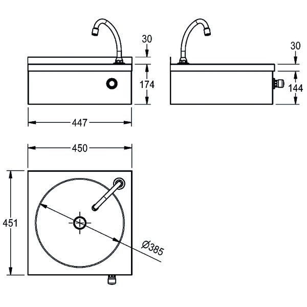 Maßzeichnung eines Waschbeckens mit Armatur in Vorderansicht, Seitenansicht und Draufsicht mit Maßangaben in Millimeter.