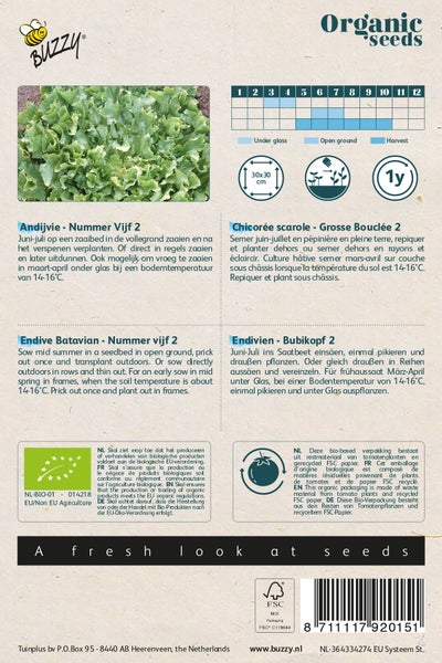 Buzzy-Verpackung mit Informationen zur Aussaat von Endivien- und Chicorée-Samen