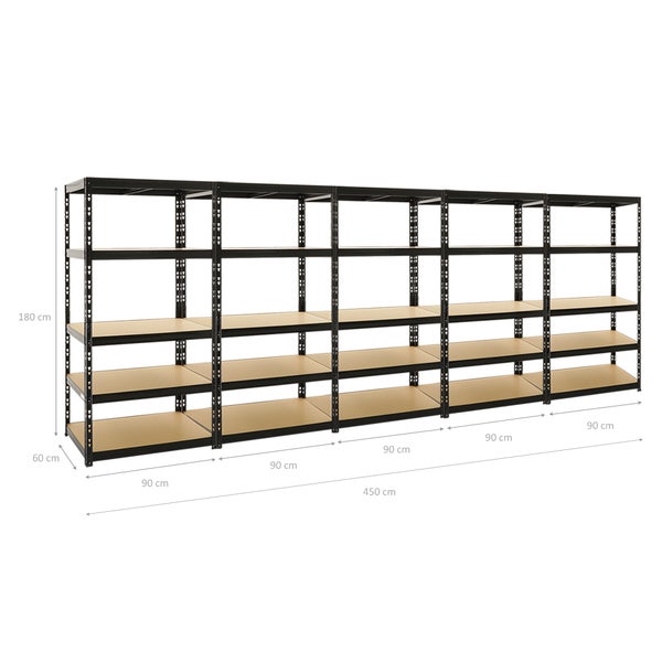 PROREGAL Mega Deal 5x Schwerlastregal Tiger HxBxT 180 x 90 x 60 cm Fachlast 265 kg 5-Ebenen Schwarz