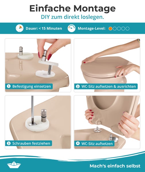 Calmwaters® WC Sitz Original einfache Montage, Premium Toilettendeckel bis 250 kg, Made in EU, antibakterieller Duroplast, Absenkautomatik, 2 Montage Optionen, abnehmbar, Klobrille, oval, Beige-Bahamabeige
