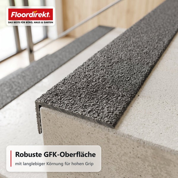 Floordirekt Logo, Treppenkantenprofil mit robuster GFK Oberfläche und rutschfester Körnung für sicheren Halt auf Treppenstufen.