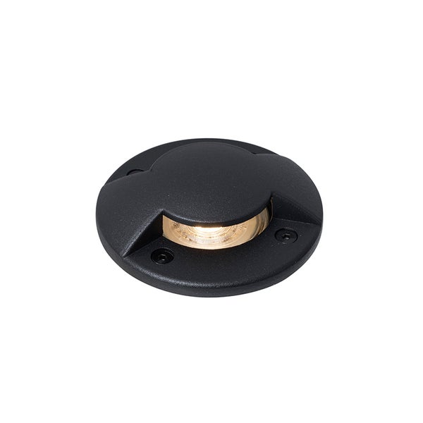 Runde, schwarze Bodeneinbauleuchte aus Metall für außen mit seitlichem Lichtaustritt und Befestigungslöchern.