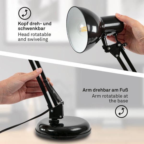 Schwarze Schreibtischlampe mit dreh- und schwenkbarem Kopf sowie am Fuß drehbarem Arm.