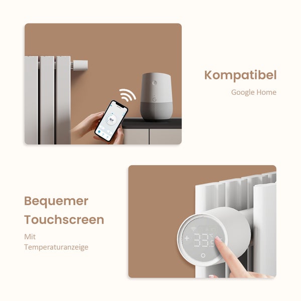 Szene mit einem Heizkörperthermostat mit Touchscreen und Kompatibilität mit Google Home.
