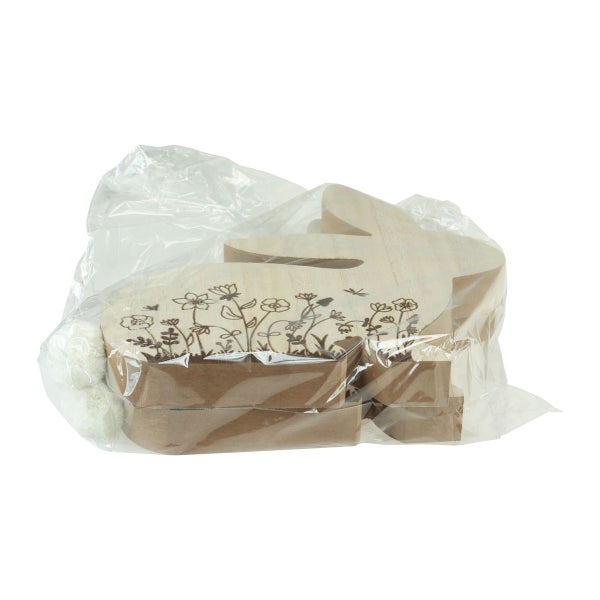 Osterhase aus Holz mit Blumenmuster im Beutel