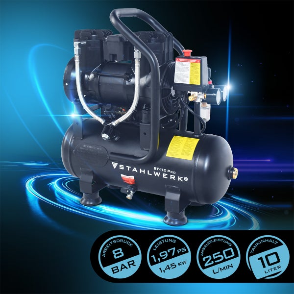 Stahlwerk Druckluftkompressor ST-110 Pro, 10 Liter Tank, 8 bar Arbeitsdruck, 1,45 Kilowatt, Ansaugleistung 250 Liter pro Minute.