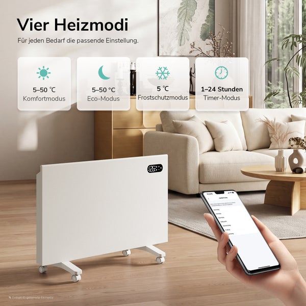 Elektrisches Konvektorheizgerät zur Wandmontage oder auf Rollen, steuerbar per Smartphone App und Sprachsteuerung in einem hellen Wohnzimmer.