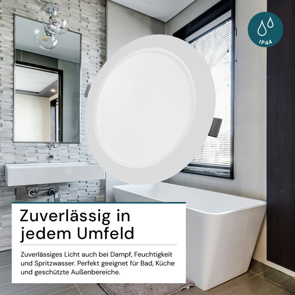 Aufputz-Feuchtraumleuchte vor Badezimmerumgebung mit Badewanne und Waschbecken