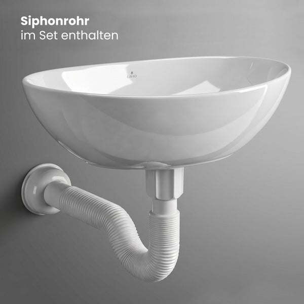 Ovales Waschbecken aus Keramik inklusive flexiblem Siphonrohr für den Wandanschluss. Lavio Logo.