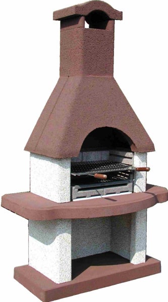 Gartengrillkamin aus Beton mit Kaminabzug, integriertem Holzkohlegrill, Grillrost und Ablagefläche.