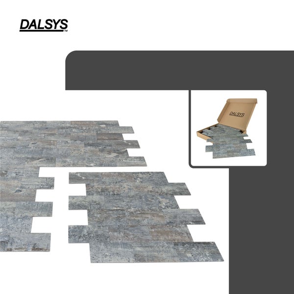 DALSYS Logo, selbstklebende Wandpaneele in Steinoptik im Verlegemuster und in der Produktverpackung.