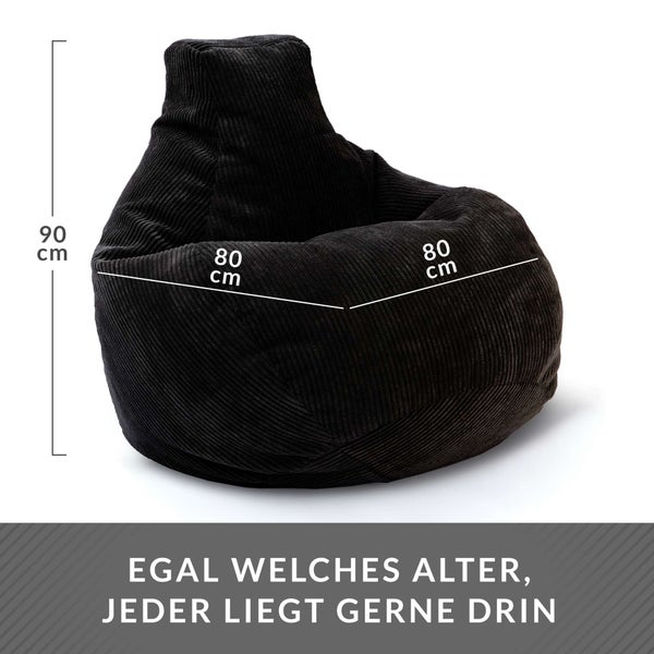 Green Bean Sitzsack mit Rückenlehne 80x80x90cm - Gaming Chair mit 230L Füllung Cordstoff - Bean Bag Bodenkissen Lounge Sitzhocker Relax-Sessel Gamer Gamingstuhl Schwarz