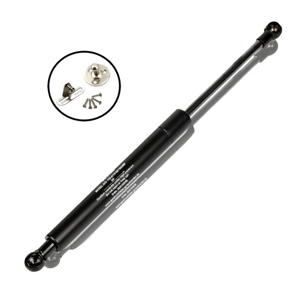 Schwarze Gasdruckfeder aus Metall mit Montageset inklusive Halterungen und Schrauben.