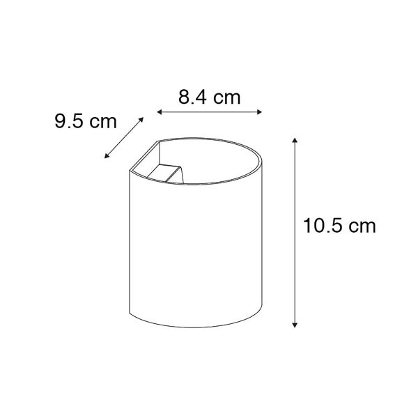 Technische Zeichnung eines runden Behälters mit den Maßen 8,4 cm, 9,5 cm und 10,5 cm.