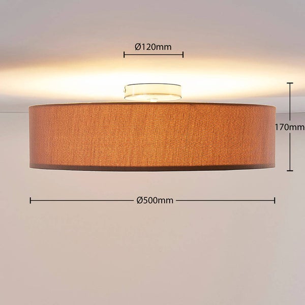 Deckenleuchte mit Textilschirm und Maßangaben: Durchmesser 500 Millimeter, Höhe 170 Millimeter, Baldachin-Durchmesser 120 Millimeter.