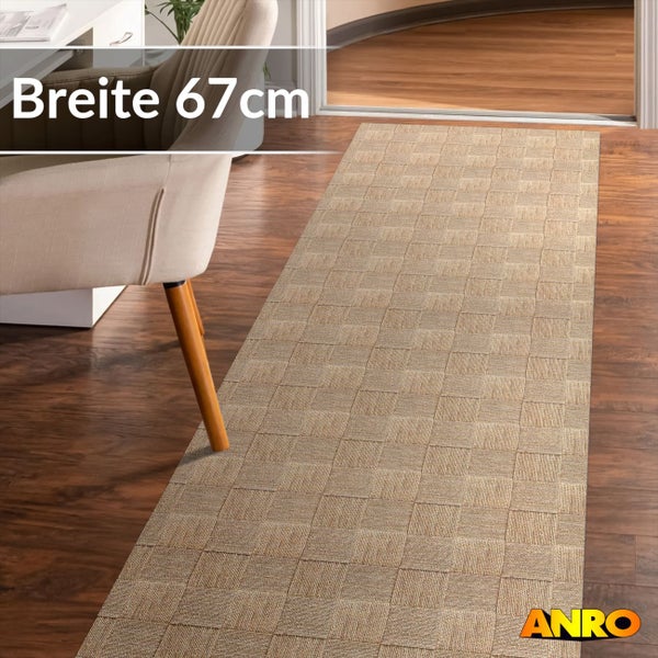 Teppichläufer mit gewebtem Karomuster auf einem Holzboden, Breite 67 Zentimeter, ANRO Logo.