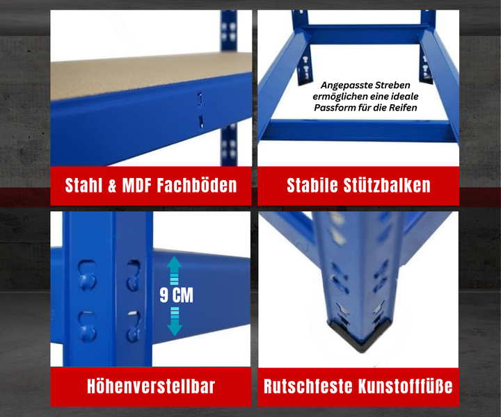 Lagerregal-Details: Fachböden aus Stahl und Holzfaserplatten, Reifen-Stützbalken, 9 Zentimeter höhenverstellbar, rutschfeste Kunststofffüße.