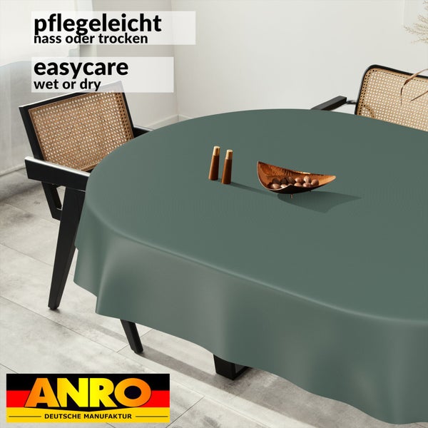 Runde, dunkelgrüne Tischdecke auf Esstisch mit Stühlen, pflegeleicht, nass oder trocken abwischbar, ANRO Logo.
