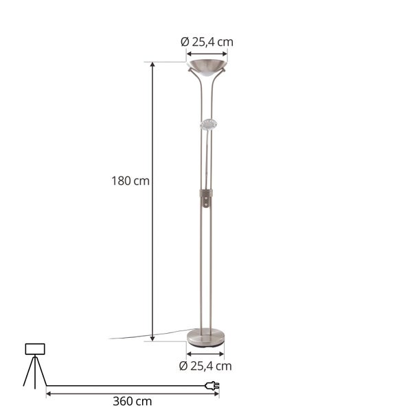 Metall-Stehleuchte mit Deckenfluter und Leselampe: Höhe 180 Zentimeter, Durchmesser 25,4 Zentimeter, Kabellänge 360 Zentimeter.