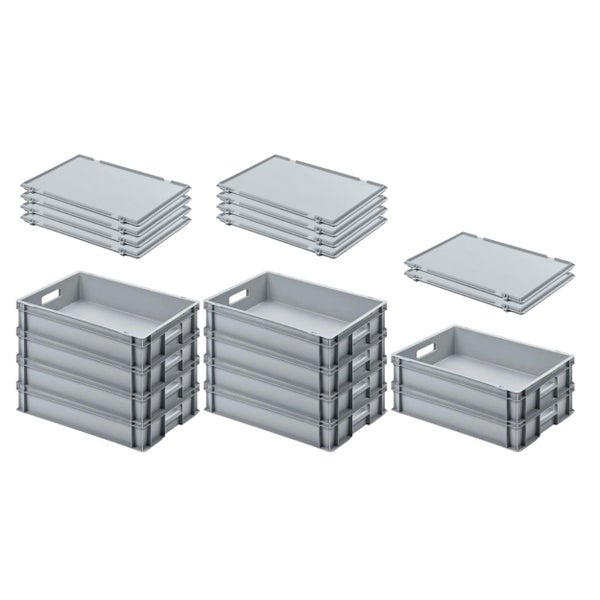 PROREGAL SuperSparSet 10x Eurobehälter mit Offenem Griff und Scharnierdeckel HxBxT 12 x 40 x 60 cm 21 Liter Grau Eurobox Transportbox