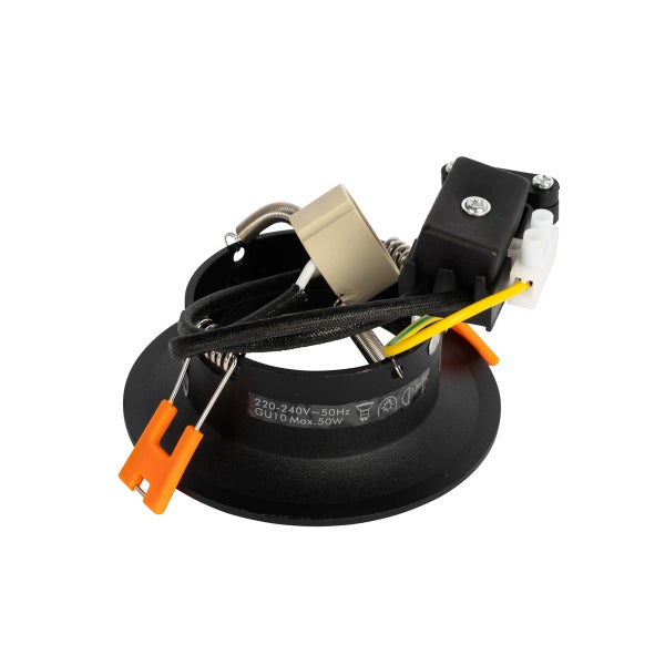 Schwarze Einbaustrahler-Fassung für GU10 Leuchtmittel mit Montagefedern und Anschlussklemme.