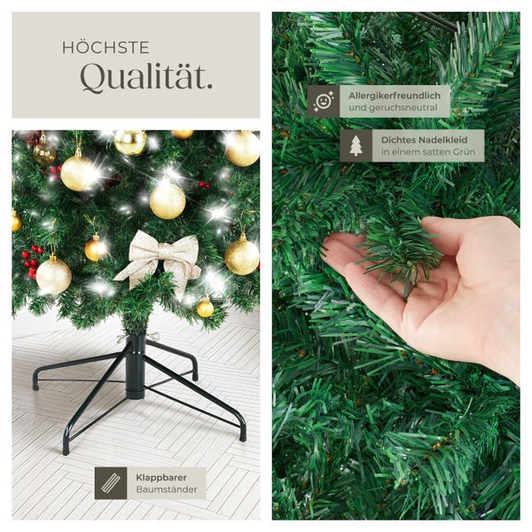 Geschmückter künstlicher Weihnachtsbaum mit klappbarem Baumständer und Hinweisen auf seine hohe Qualität, Allergikerfreundlichkeit und sein dichtes Nadelkleid.