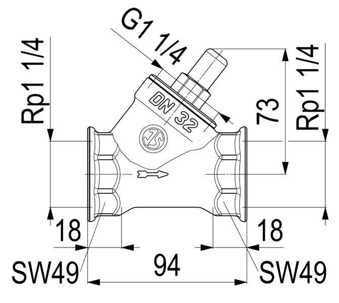 Technische Zeichnung Schrägsitzventil: Nenndurchmesser 32, Rohrgewinde 1 1/4 Zoll, Länge 94 Millimeter, Schlüsselweite 49. JS Logo.