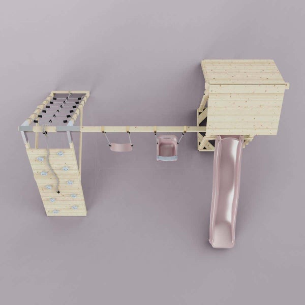 Spielturm aus hellem Holz mit Kletterwand, Kletterseil, zwei Schaukeln und einer rosa Rutsche.