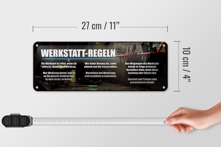 Blechschild Spruch 27x10cm Werkstatt Regeln offen wenn offen