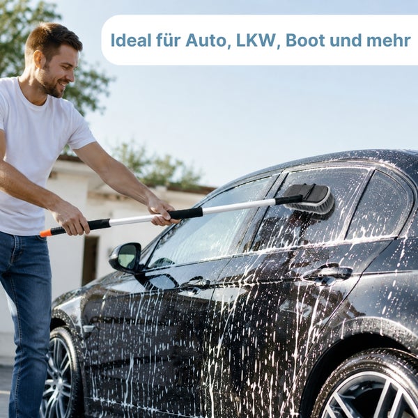 Ein Mann wäscht ein schwarzes Auto mit einer Teleskop-Waschbürste. Ideal für Auto, Lastkraftwagen, Boot und mehr.