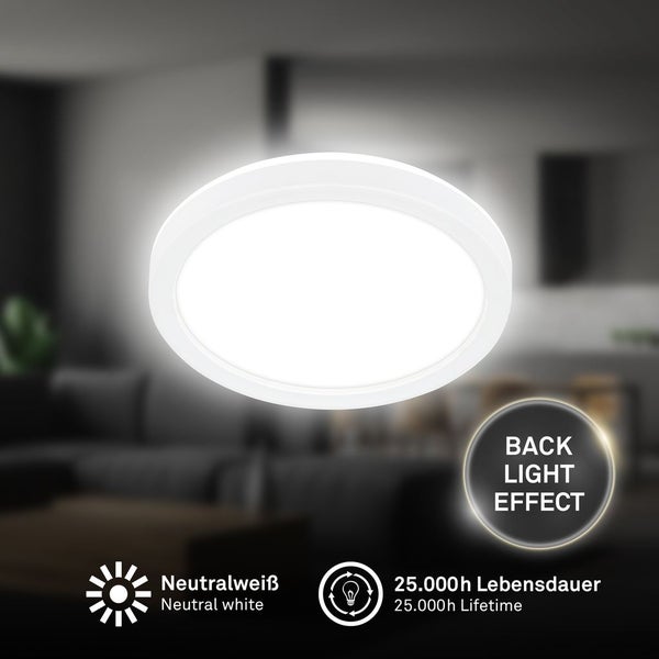 Runde LED-Deckenleuchte mit neutralweißem Licht, Backlight-Effekt und 25.000 Stunden Lebensdauer.