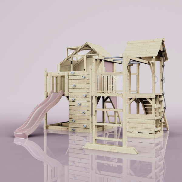 Holzspielplatz mit Rutsche, Kletterwand, Strickleiter und Reckstange