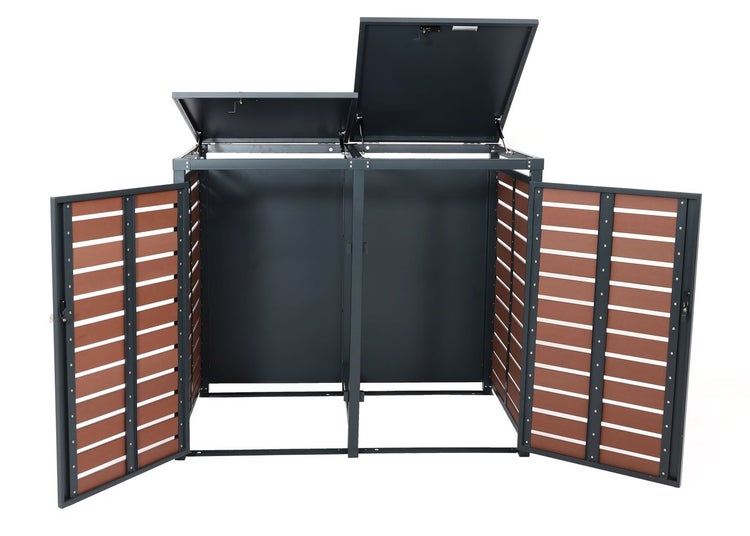 Mülltonnenbox mit zwei Fächern, geöffneten Türen und Deckeln.