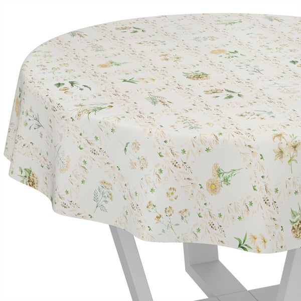 Runde Tischdecke mit floralem Muster aus Wiesenblumen und Gräsern.