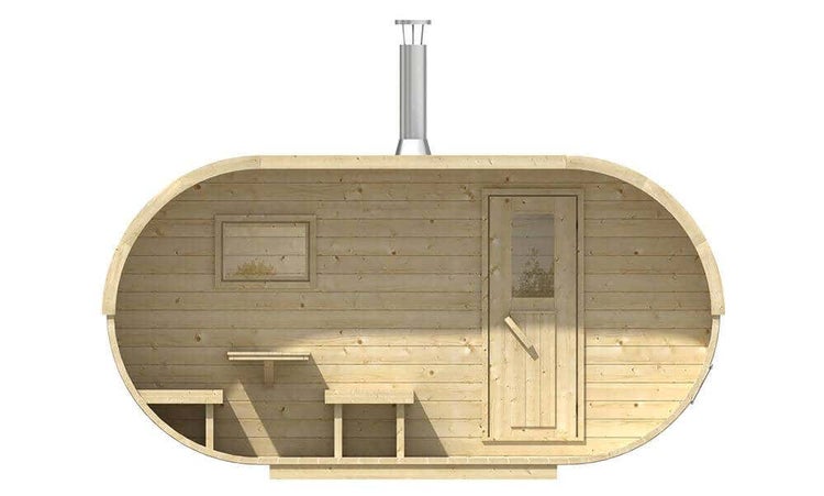 Ovale Außensauna aus Holz mit Tür, Fenster, Sitzbänken und Schornstein