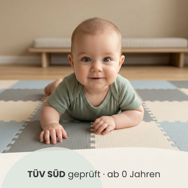 Puzzlespielmatte mit Baby, TÜV SÜD geprüft, geeignet ab null Jahren.