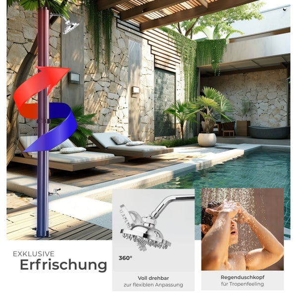 Außendusche neben einem Pool mit Steinmauer und Liegen