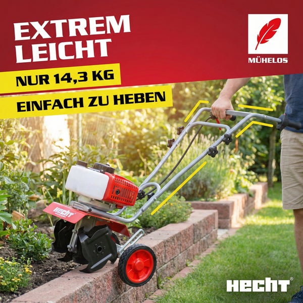 Hecht Gartenfräse im Einsatz im Garten. Hecht Logo