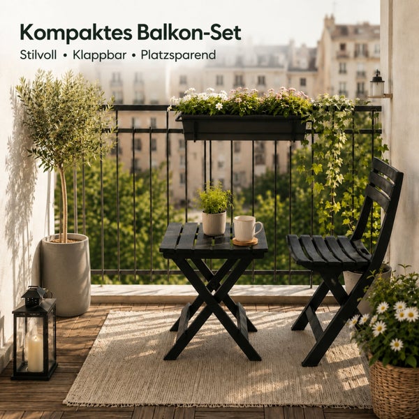 Kompaktes, klappbares Balkonset mit Tisch und Stuhl auf einem sonnigen Stadtbalkon mit Pflanzen und Laterne.