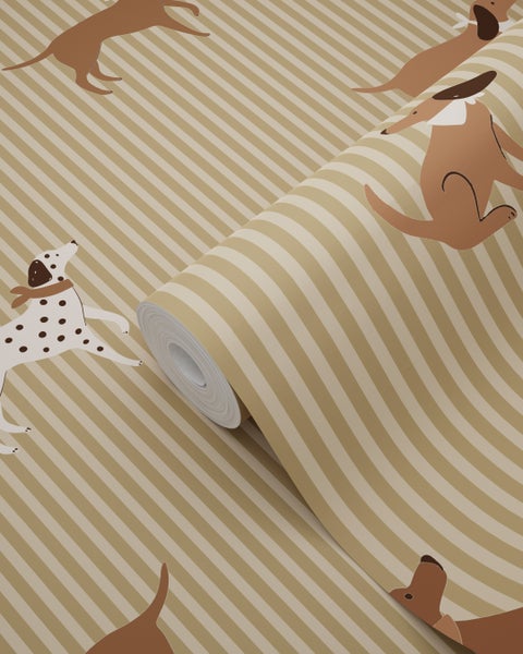 Tapetenrolle mit gestreiftem Muster und Hundeillustrationen
