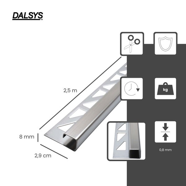 Dalsys Logo. Quadratisches Metall-Fliesenprofil, Länge 2,5 Meter, Höhe 8 Millimeter, Breite 2,9 Zentimeter. Materialstärke 0,8 Millimeter.