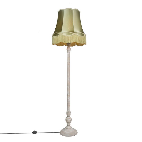 QAZQA - Retro Retro Stehlampe grau mit grünem Oma Schatten - Classico I Wohnzimmer I Schlafzimmer - Holz Rund - LED geeignet E27