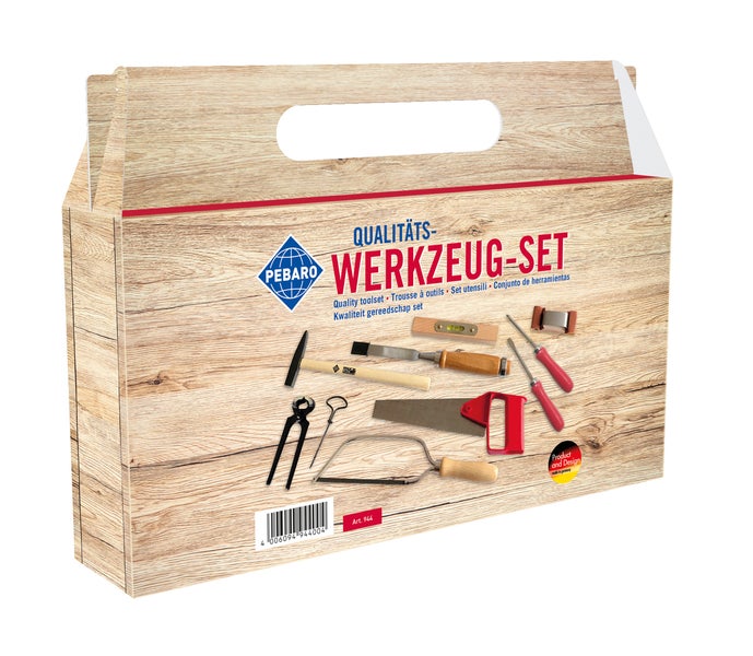 Pebaro Werkzeugset in einem Tragekoffer aus Holzoptik mit verschiedenen Handwerkzeugen für Heimwerker