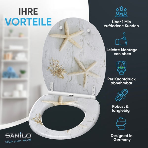 Sanilo Toilettensitz mit Seesternen. Vorteile: einfache Montage von oben, abnehmbar, robust, in Deutschland entworfen. Sanilo Logo.