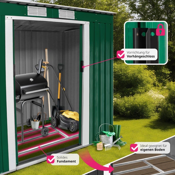 Metallgerätehaus im Garten mit Grill, Rasenmäher und Werkzeugen. Darstellung von Fundamentrahmen und Vorrichtung für Vorhängeschloss.