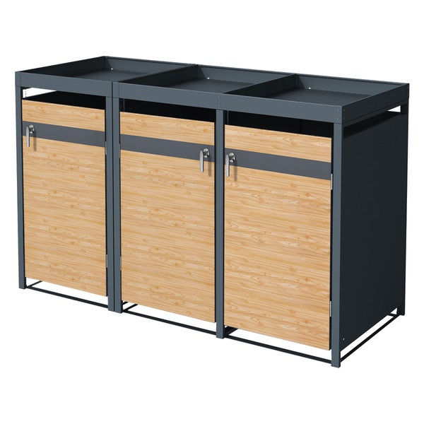 ML-Design Mülltonnenbox 3er mit Pflanzdach für 3 Tonnen, 240L 200x80x124 cm Lärchenoptik, Stahl, wetterfest, Abschließbare Mülltonnenverkleidung mit Tür, Müllbox Mülltonnecontainer Mülltonnenabdeckung