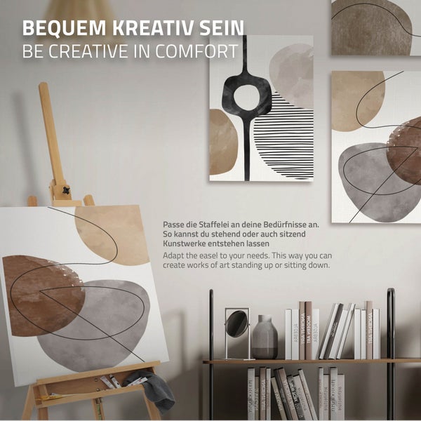 ECD Germany Große Staffelei 65x240 cm, Flexibel verstellbare Dreibein Atelierstaffelei aus massivem Buchenholz mit Malauflage, Klappbare Holzstaffelei für Leinwände bis 122cm, Sitz- und Standstaffelei