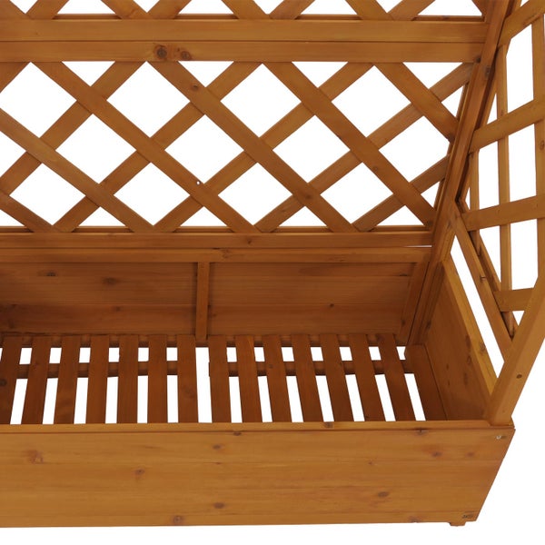 Pflanzkasten aus Holz mit integriertem Rankgitter und Bogenaufsatz für Kletterpflanzen.